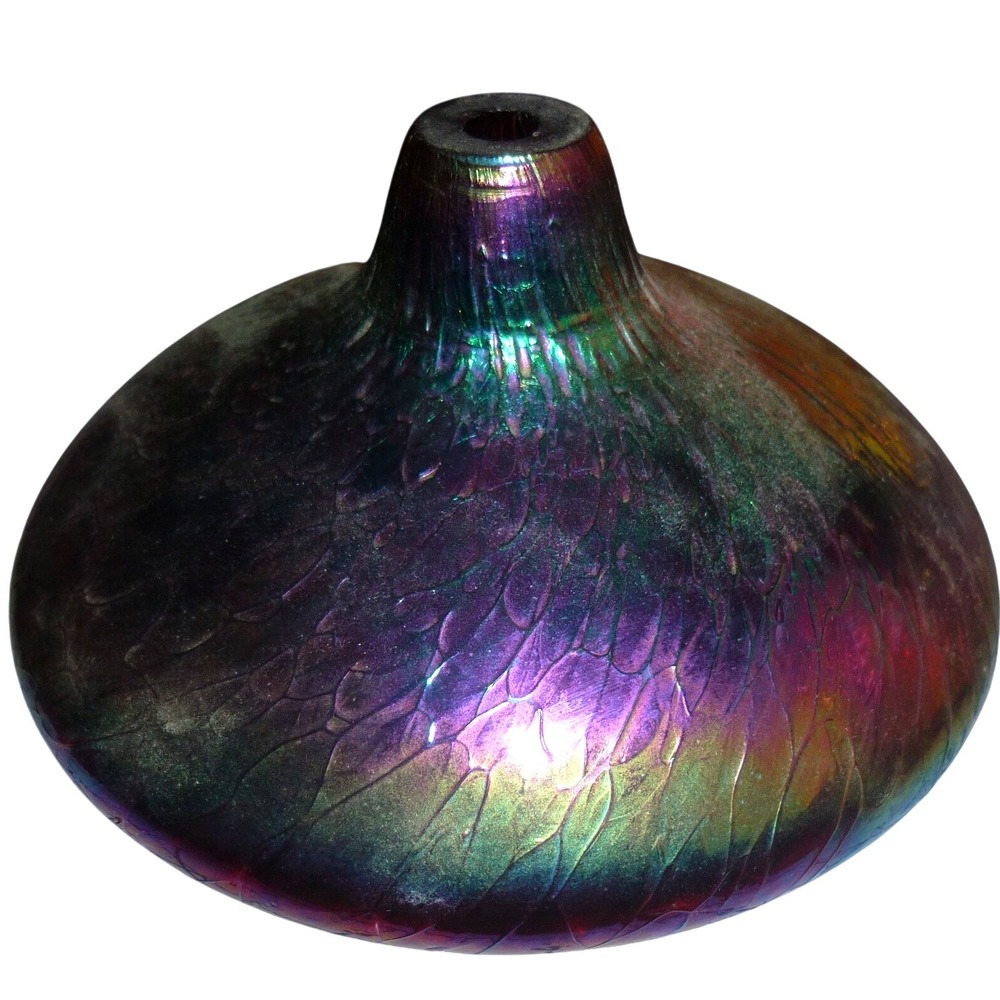 Vintage Studio Art Glass Squat Bud‎ Vase Iridescent Purple Green Pulled Feather